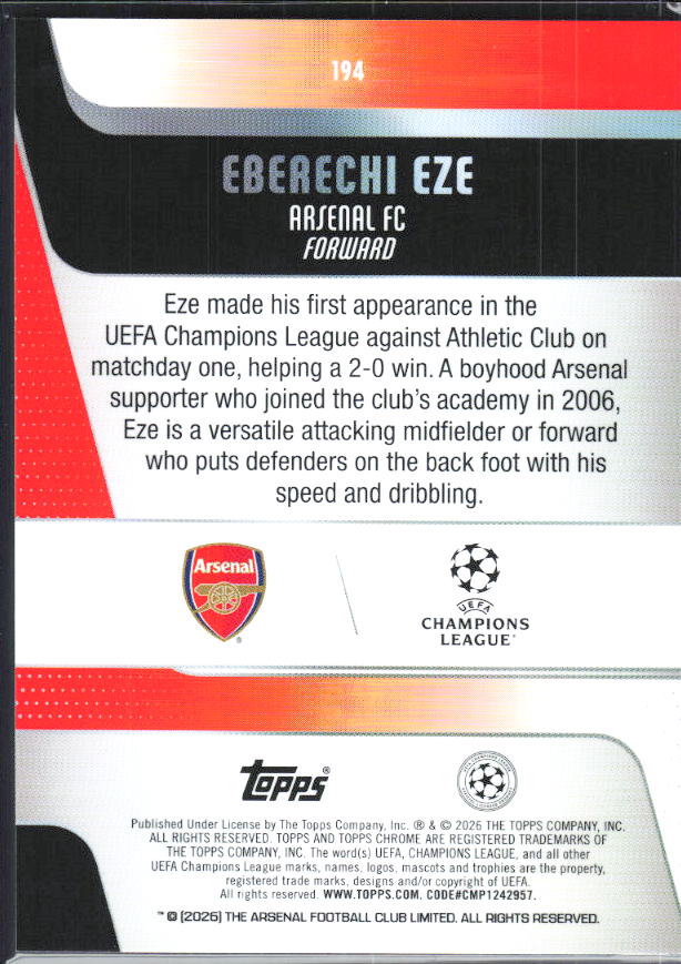 Eberechi Eze – 2025-26 Topps Chrome UEFA Club Competitions #194 – baksida