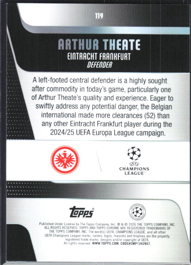 Arthur Theate – 2025-26 Topps Chrome UEFA Club Competitions #119 – baksida