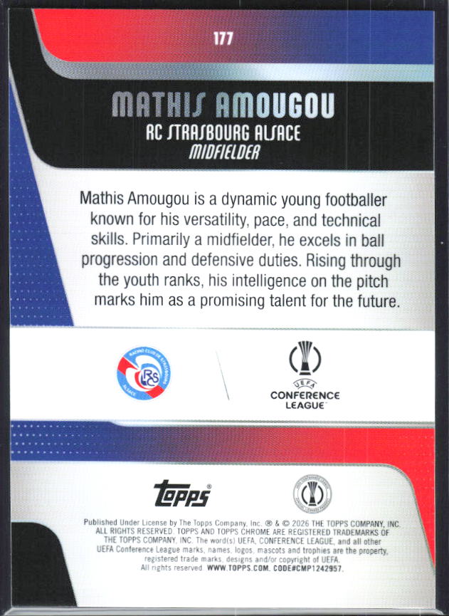 Mathis Amougou – 2025-26 Topps Chrome UEFA Club Competitions #177 – baksida