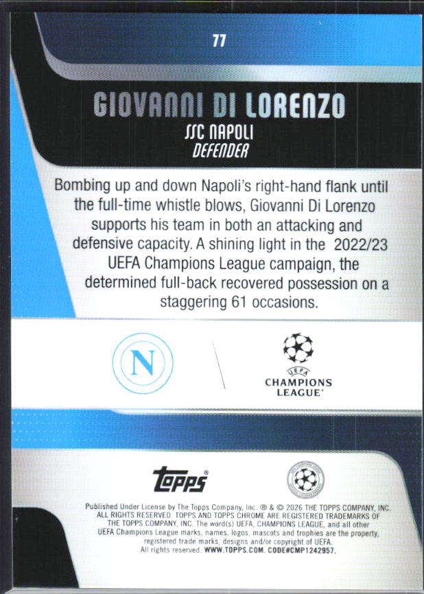 Giovanni Di Lorenzo – 2025-26 Topps Chrome UEFA Club Competitions #77 – baksida