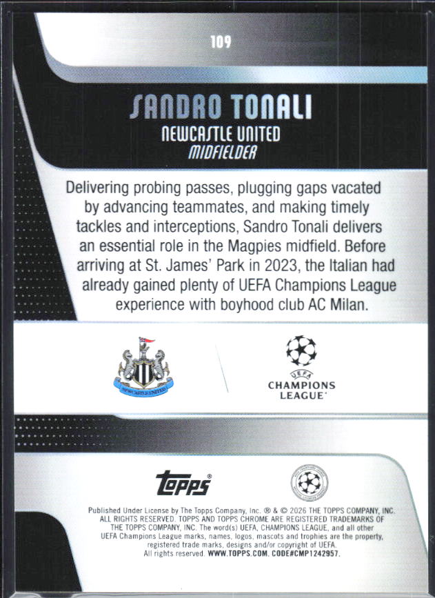 Sandro Tonali – 2025-26 Topps Chrome UEFA Club Competitions #109 – baksida
