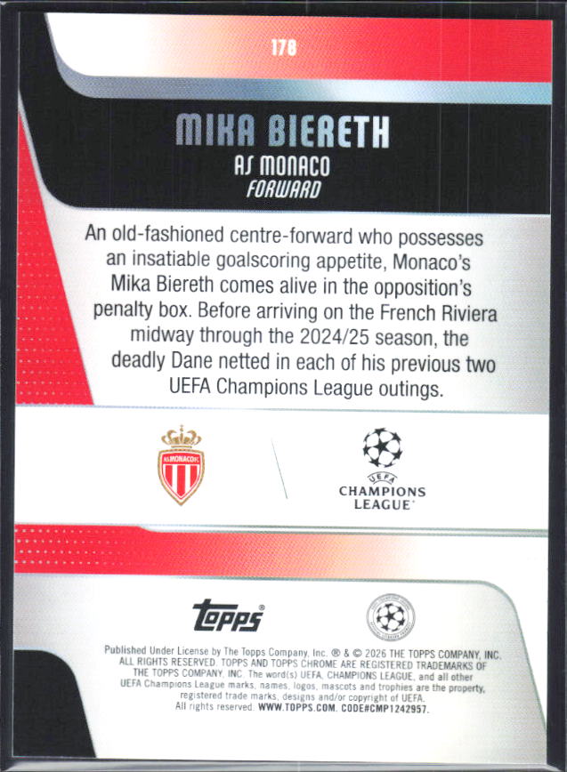 Mika Biereth – 2025-26 Topps Chrome UEFA Club Competitions #178 – baksida