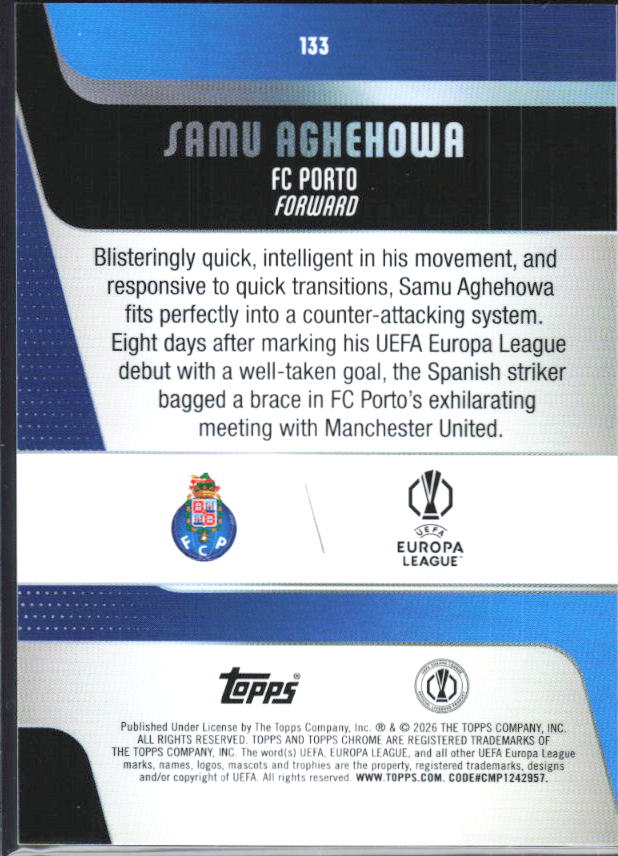 Samu Aghehowa – 2025-26 Topps Chrome UEFA Club Competitions #133 – baksida