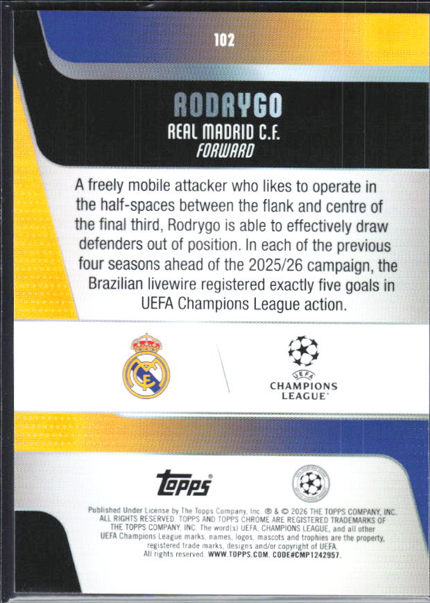 Rodrygo – 2025-26 Topps Chrome UEFA Club Competitions #102 – baksida