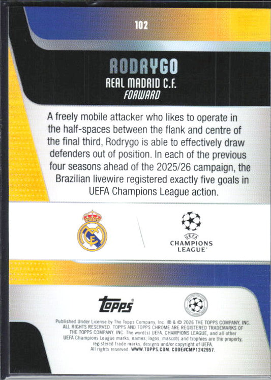 Rodrygo – 2025-26 Topps Chrome UEFA Club Competitions #102 – baksida