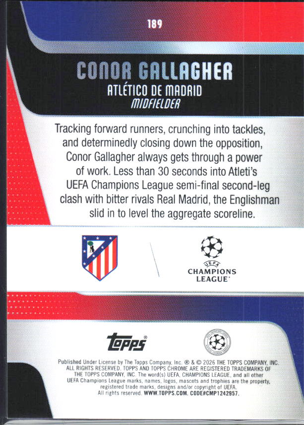 Conor Gallagher – 2025-26 Topps Chrome UEFA Club Competitions #189 – baksida