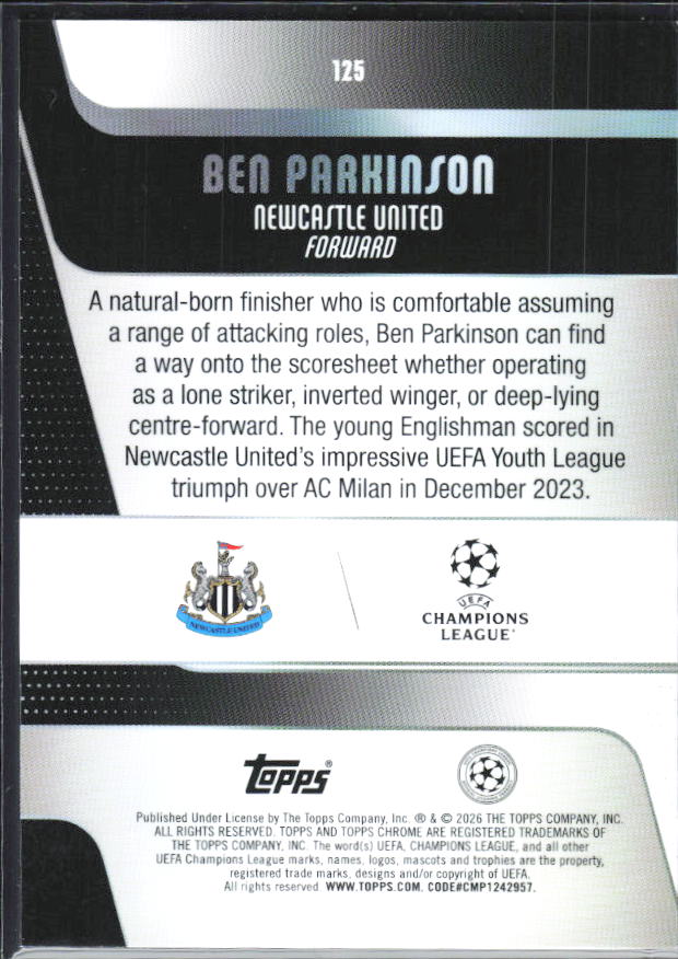 Ben Parkinson – 2025-26 Topps Chrome UEFA Club Competitions #125 – baksida