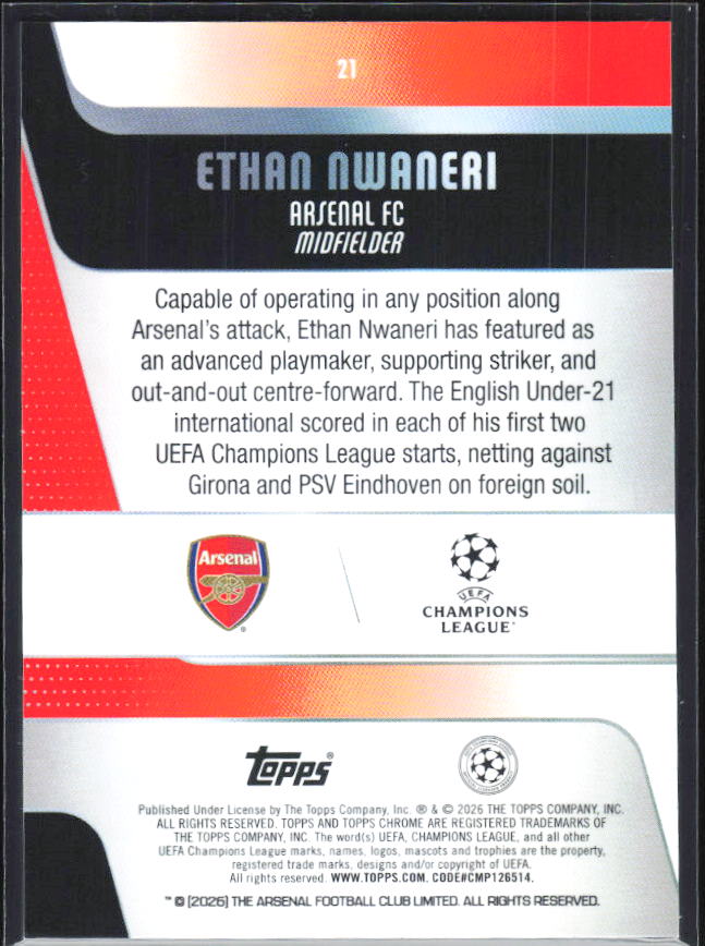 Ethan Nwaneri – 2025-26 Topps Chrome UEFA Club Competitions #21 – baksida