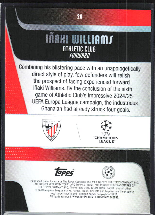 Iñaki Williams – 2025-26 Topps Chrome UEFA Club Competitions #20 – baksida