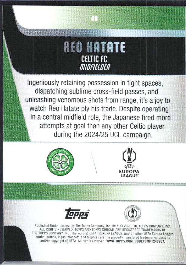 Reo Hatate – 2025-26 Topps Chrome UEFA Club Competitions #40 – baksida