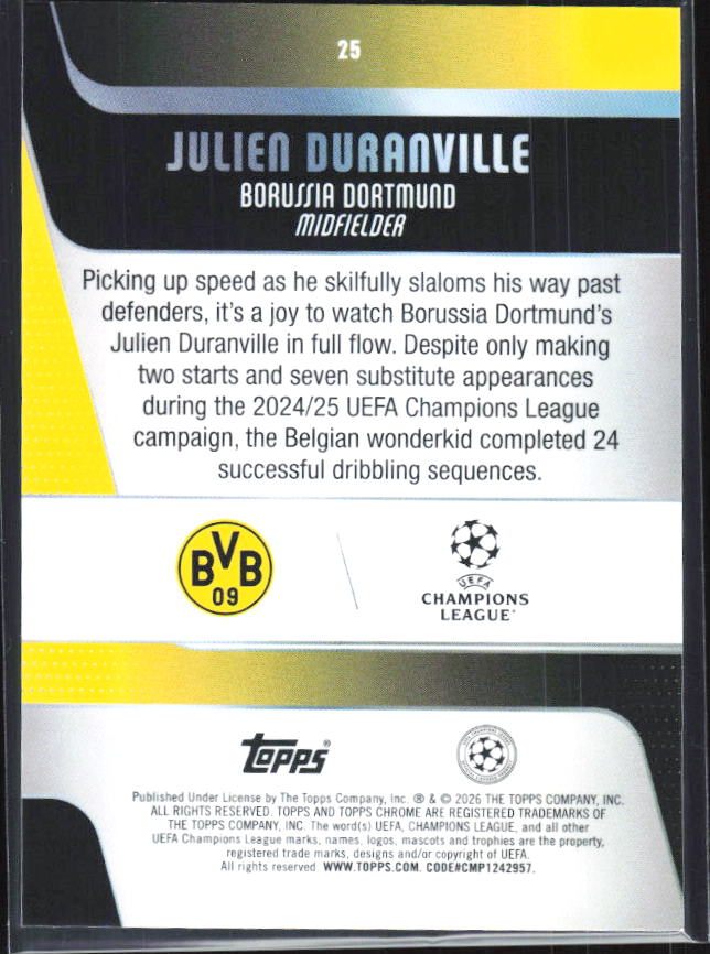 Julien Duranville – 2025-26 Topps Chrome UEFA Club Competitions #25 – baksida
