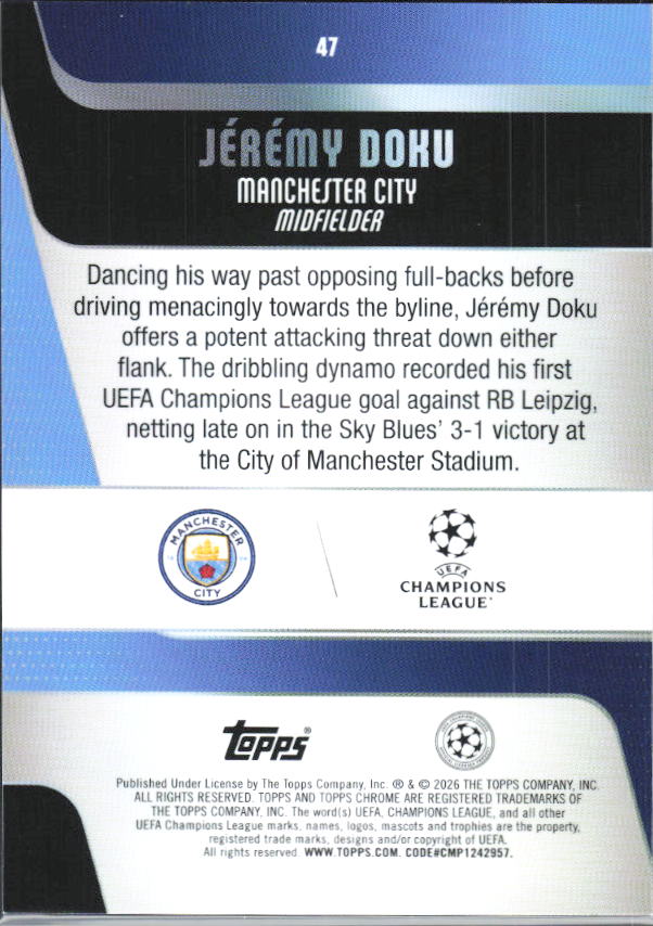 Jérémy Doku – 2025-26 Topps Chrome UEFA Club Competitions #47 – baksida