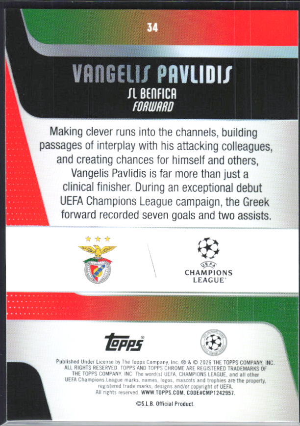 Vangelis Pavlidis – 2025-26 Topps Chrome UEFA Club Competitions #34 – baksida