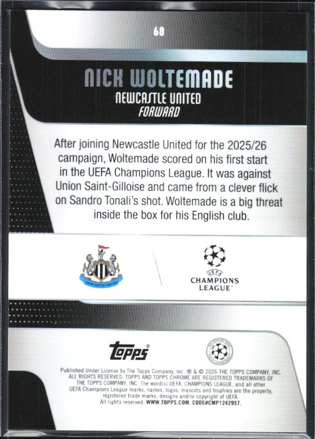 Nick Woltemade – 2025-26 Topps Chrome UEFA Club Competitions #68 – baksida