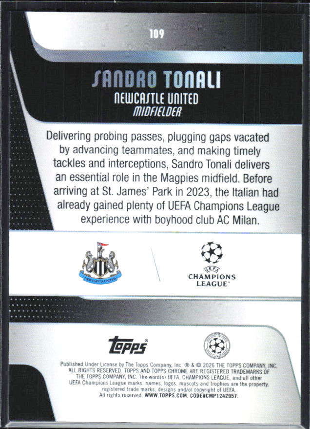 Sandro Tonali – 2025-26 Topps Chrome UEFA Club Competitions #109 – baksida