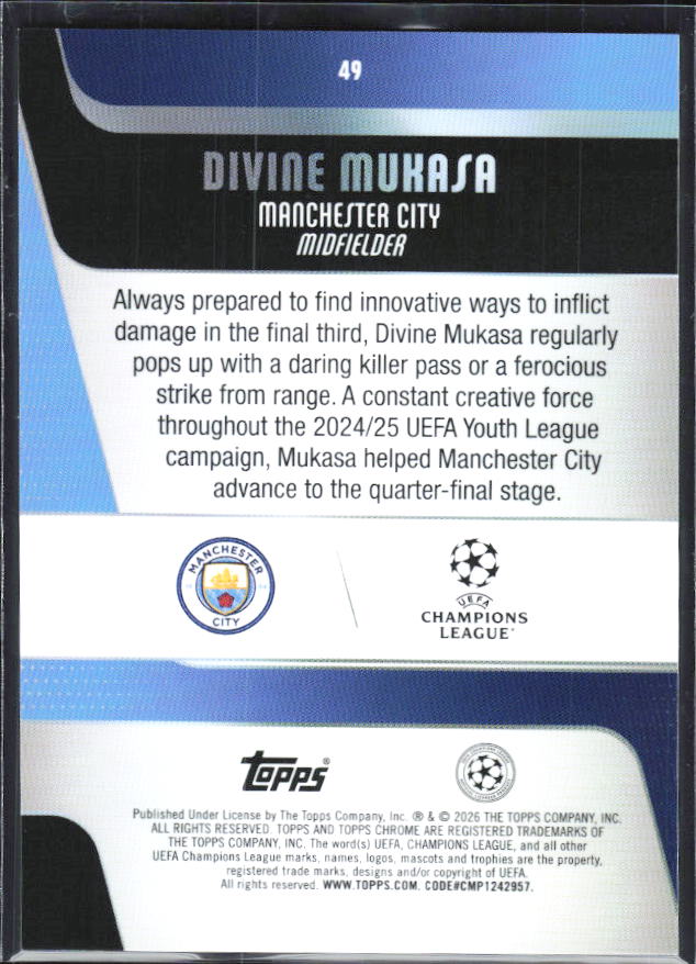 Divine Mukasa – 2025-26 Topps Chrome UEFA Club Competitions #49 – baksida