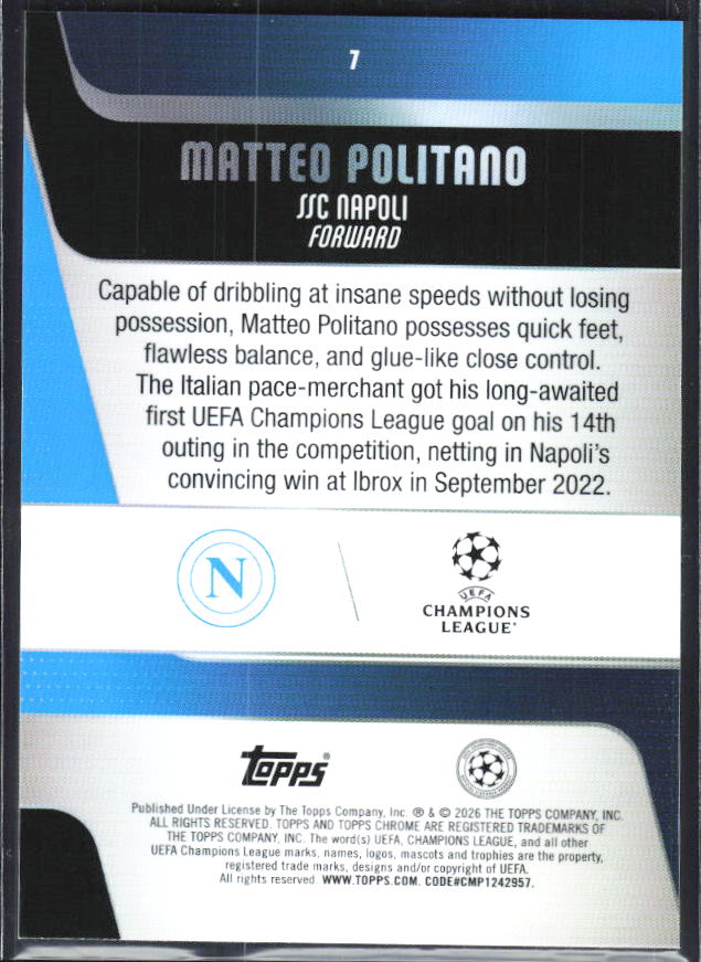 Matteo Politano – 2025-26 Topps Chrome UEFA Club Competitions #7 – baksida