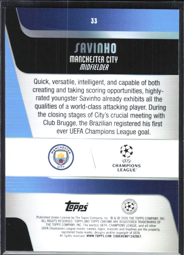 Savinho – 2025-26 Topps Chrome UEFA Club Competitions #33 – baksida