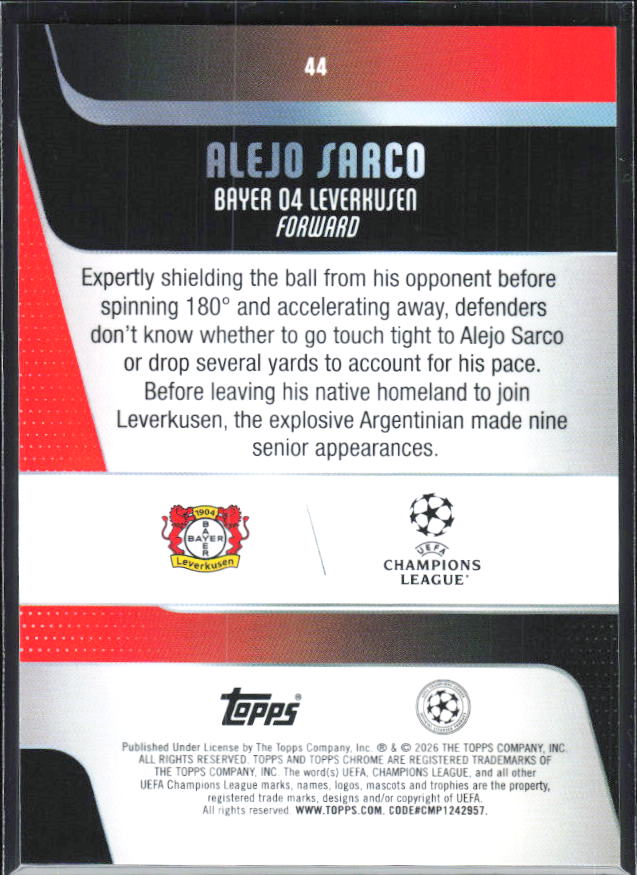 Alejo Sarco – 2025-26 Topps Chrome UEFA Club Competitions #44 – baksida
