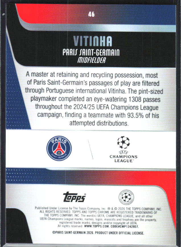 Vitinha – 2025-26 Topps Chrome UEFA Club Competitions #46 – baksida