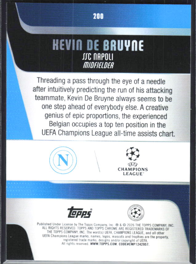 Kevin De Bruyne – 2025-26 Topps Chrome UEFA Club Competitions #200 – baksida