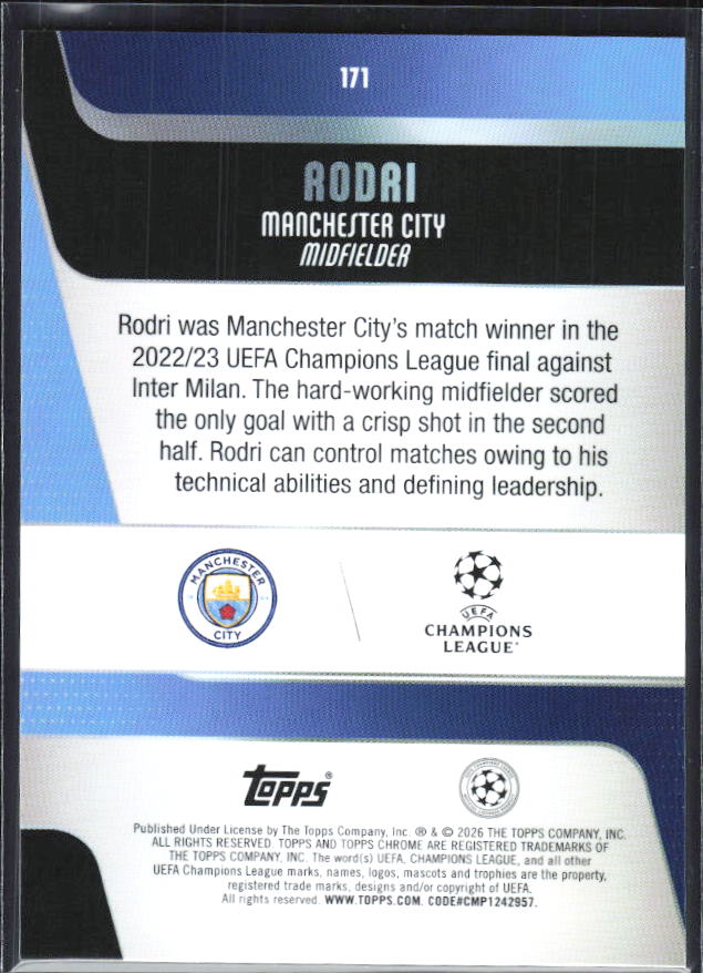 Rodri – 2025-26 Topps Chrome UEFA Club Competitions #171 – baksida