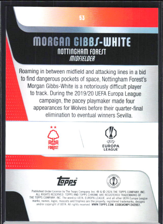 Morgan Gibbs-White – 2025-26 Topps Chrome UEFA Club Competitions #53 – baksida