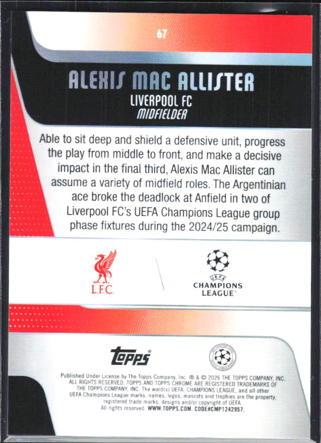 Alexis Mac Allister – 2025-26 Topps Chrome UEFA Club Competitions #67 – baksida