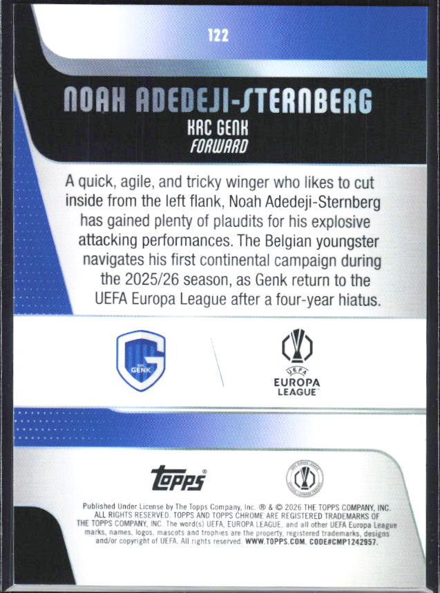 Noah Adedeji-Sternberg – 2025-26 Topps Chrome UEFA Club Competitions #122 – baksida