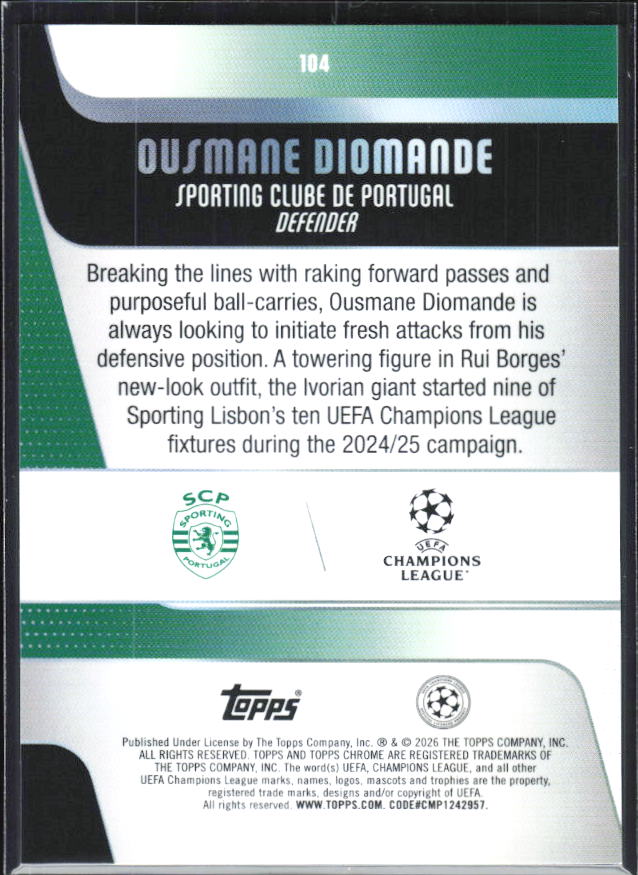 Ousmane Diomande – 2025-26 Topps Chrome UEFA Club Competitions #104 – baksida