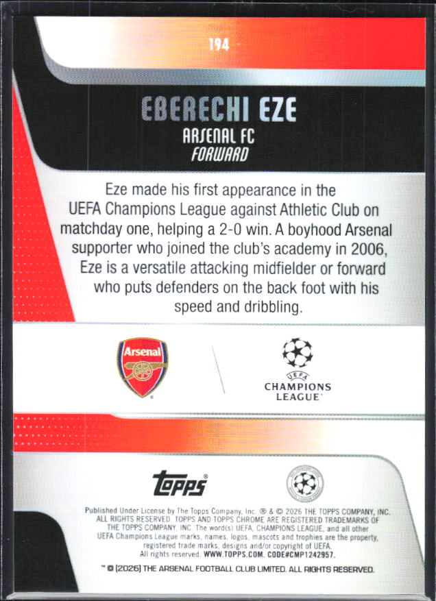 Eberechi Eze – 2025-26 Topps Chrome UEFA Club Competitions #194 – baksida