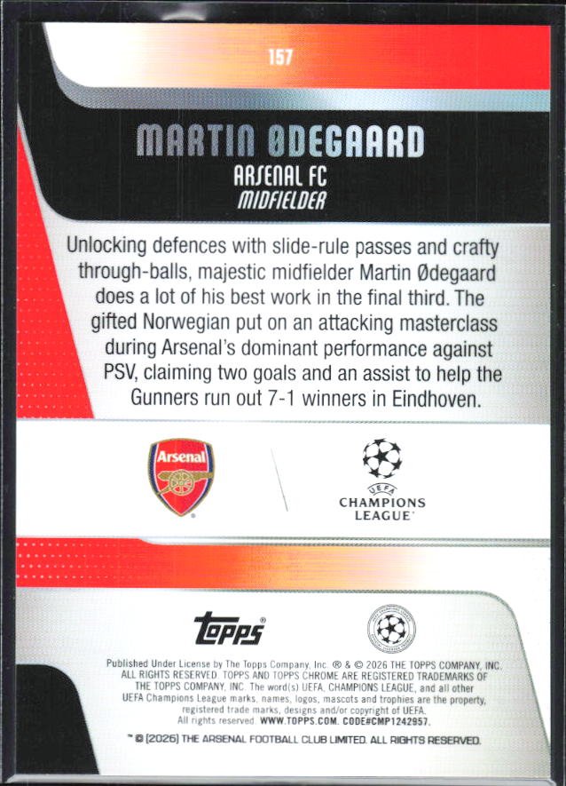 Martin Ødegaard – 2025-26 Topps Chrome UEFA Club Competitions #157 – baksida