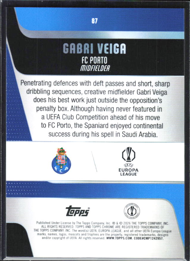 Gabri Veiga – 2025-26 Topps Chrome UEFA Club Competitions #87 – baksida