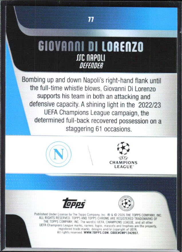 Giovanni Di Lorenzo – 2025-26 Topps Chrome UEFA Club Competitions #77 – baksida