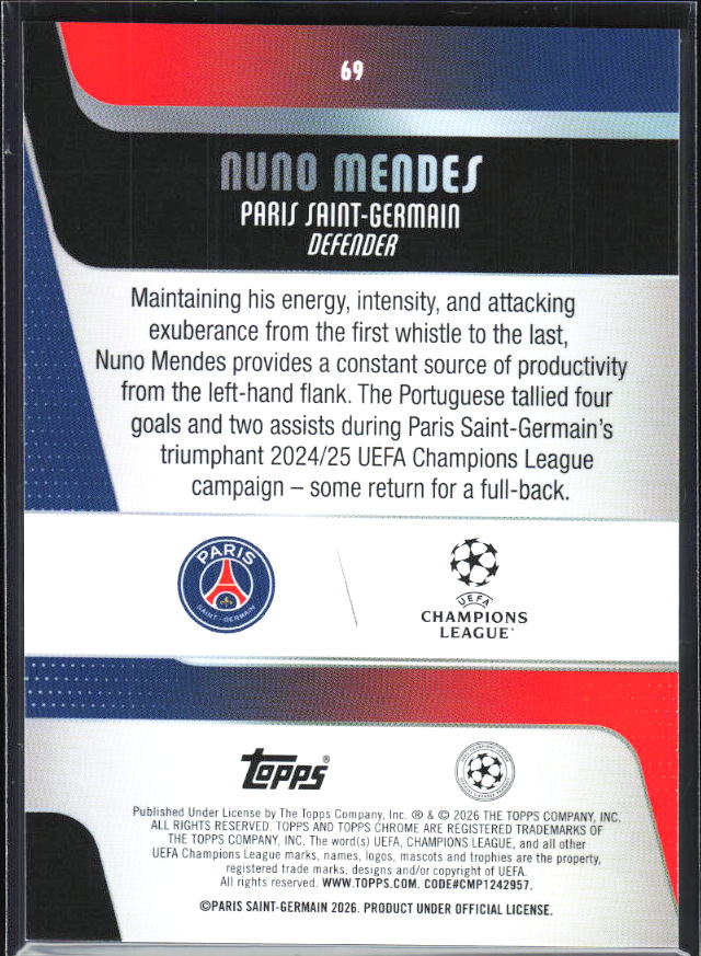 Nuno Mendes – 2025-26 Topps Chrome UEFA Club Competitions #69 – baksida