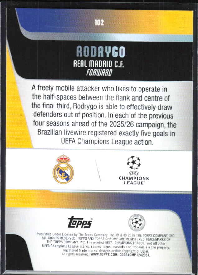 Rodrygo – 2025-26 Topps Chrome UEFA Club Competitions #102 – baksida