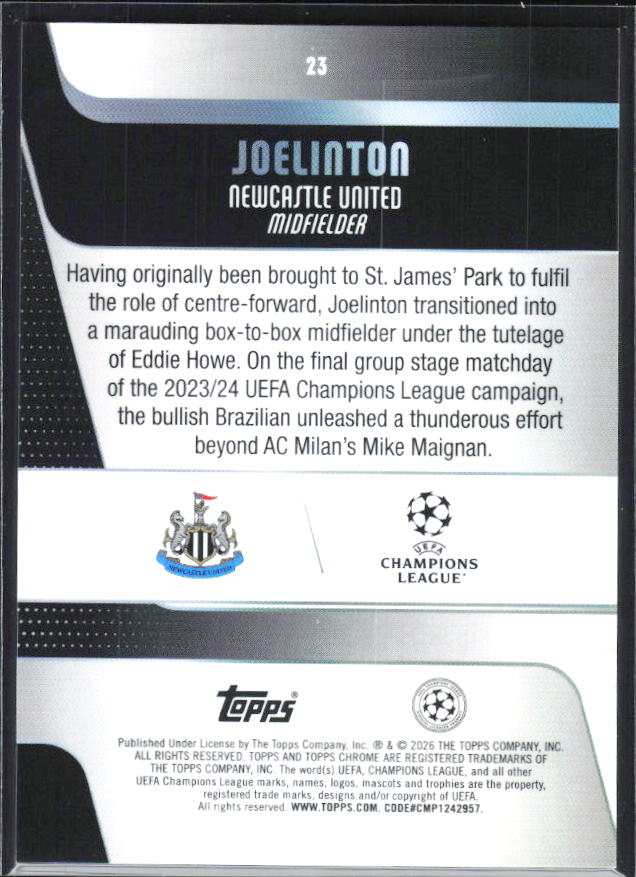 Joelinton – 2025-26 Topps Chrome UEFA Club Competitions #23 – baksida