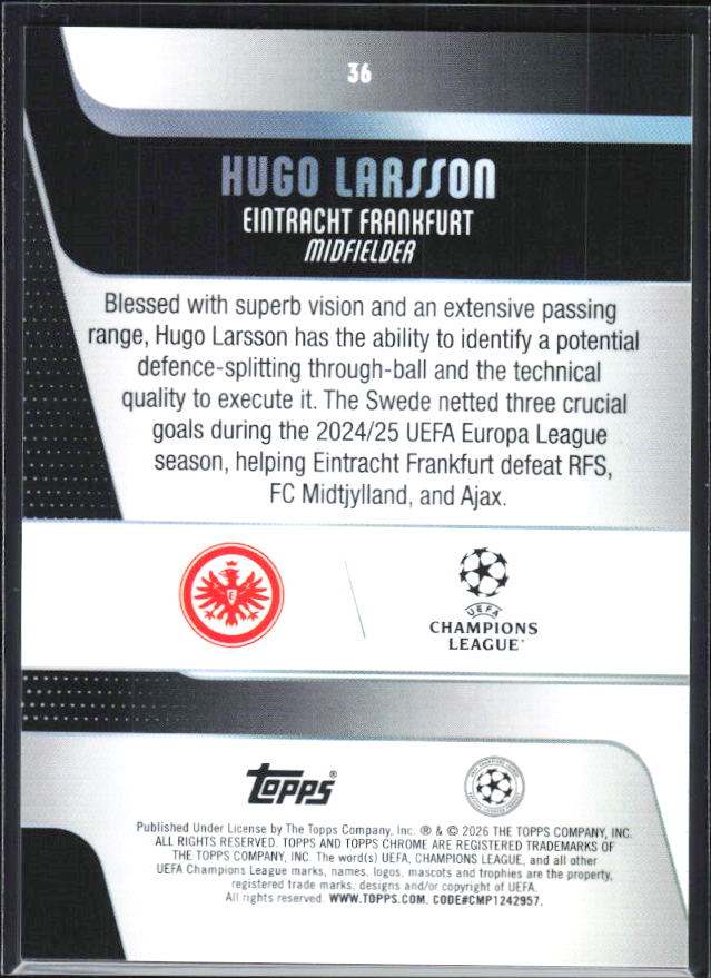 Hugo Larsson – 2025-26 Topps Chrome UEFA Club Competitions #36 – baksida