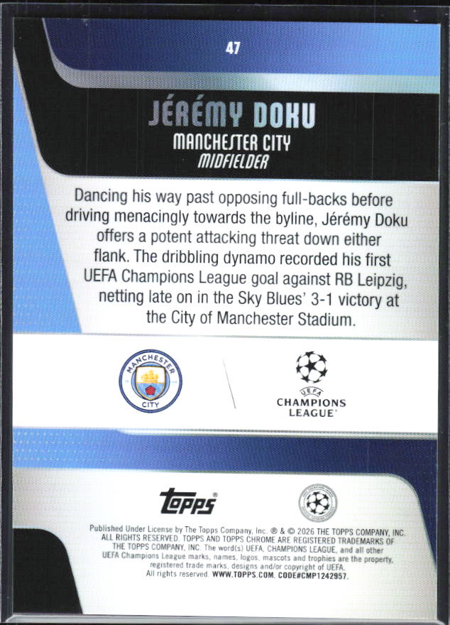 Jérémy Doku – 2025-26 Topps Chrome UEFA Club Competitions #47 – baksida