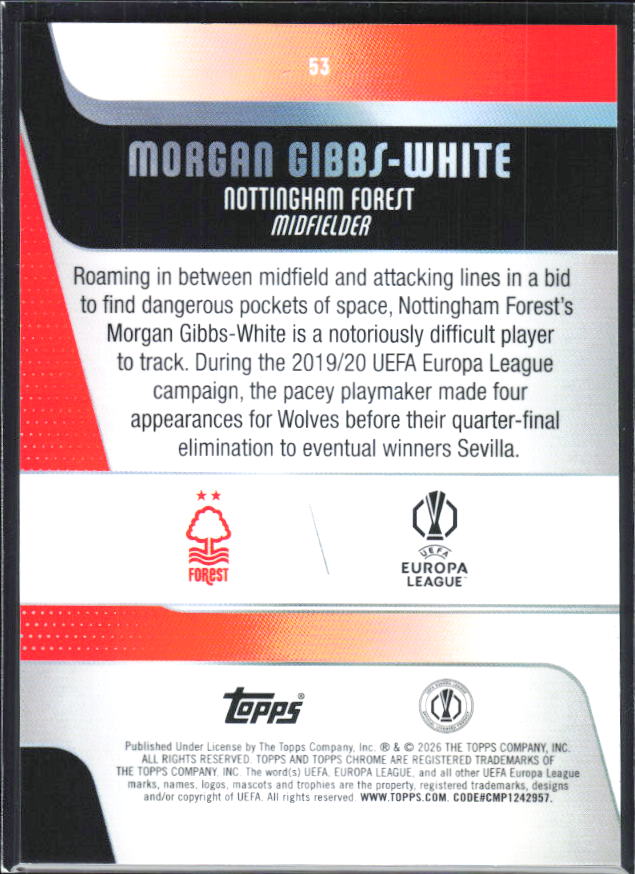 Morgan Gibbs-White – 2025-26 Topps Chrome UEFA Club Competitions #53 – baksida