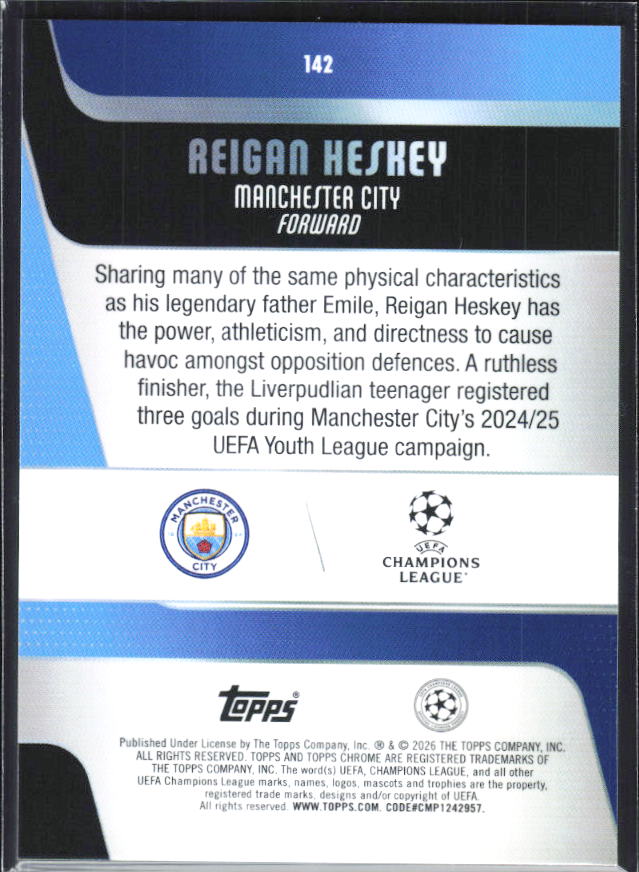 Reigan Heskey – 2025-26 Topps Chrome UEFA Club Competitions #142 – baksida