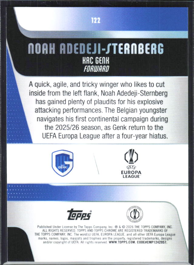 Noah Adedeji-Sternberg – 2025-26 Topps Chrome UEFA Club Competitions #122 – baksida