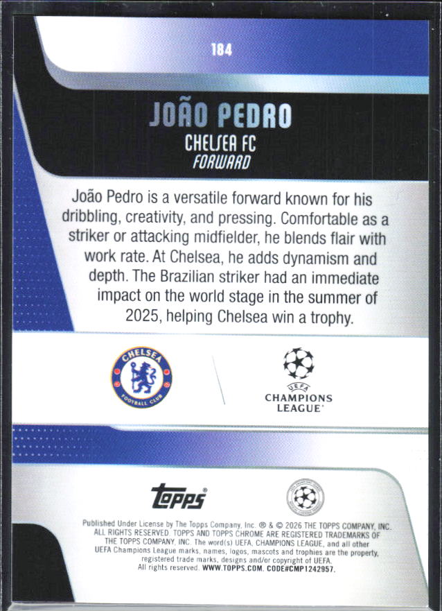 João Pedro – 2025-26 Topps Chrome UEFA Club Competitions #184 – baksida