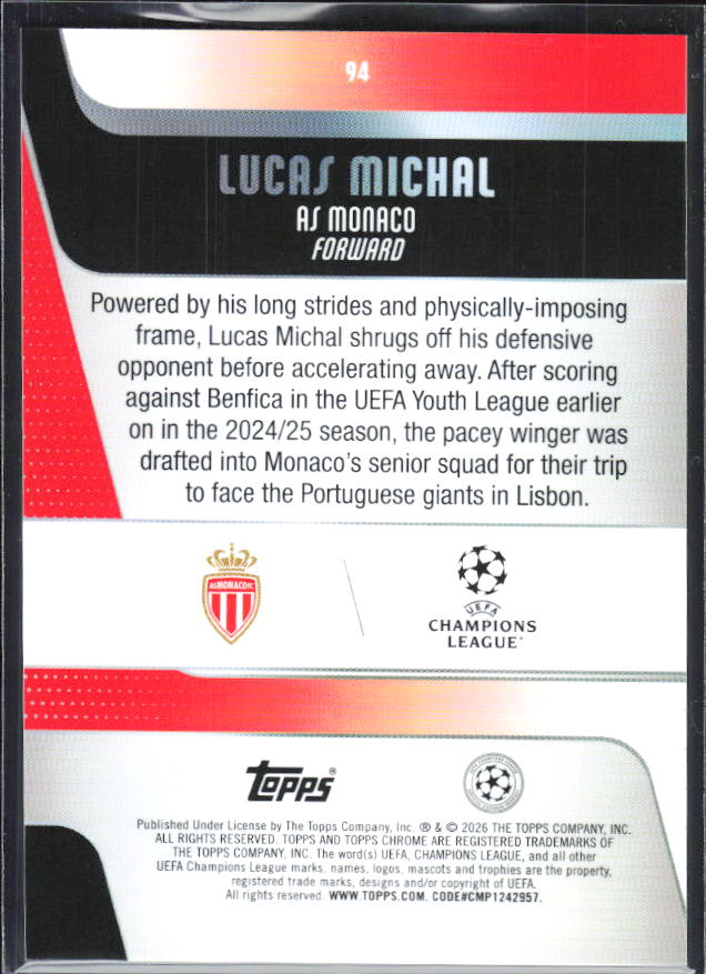 Lucas Michal – 2025-26 Topps Chrome UEFA Club Competitions #94 – baksida
