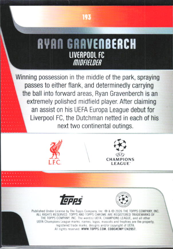 Ryan Gravenberch – 2025-26 Topps Chrome UEFA Club Competitions #193 – baksida