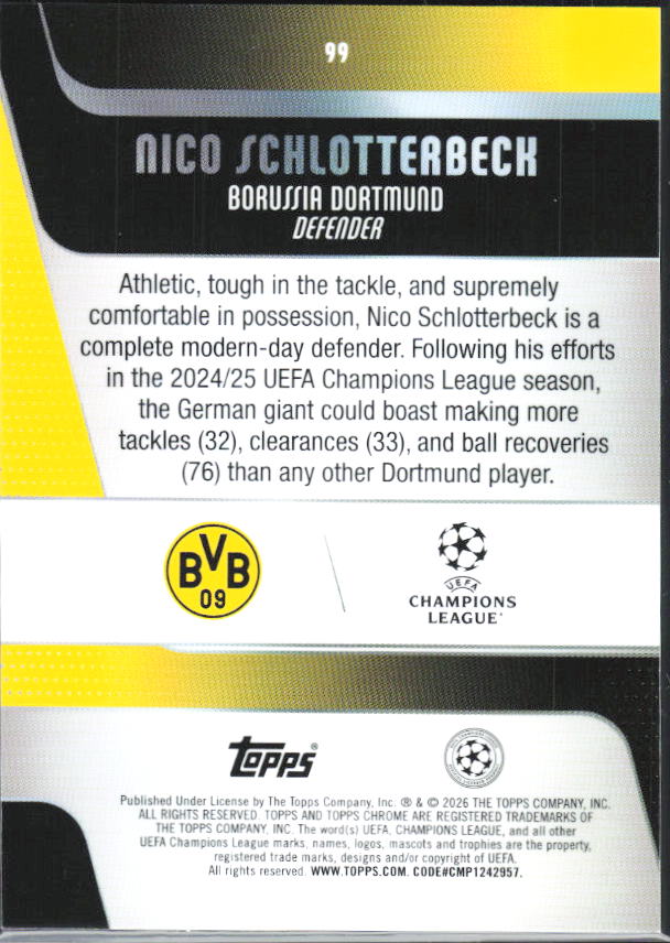 Nico Schlotterbeck – 2025-26 Topps Chrome UEFA Club Competitions #99 – baksida