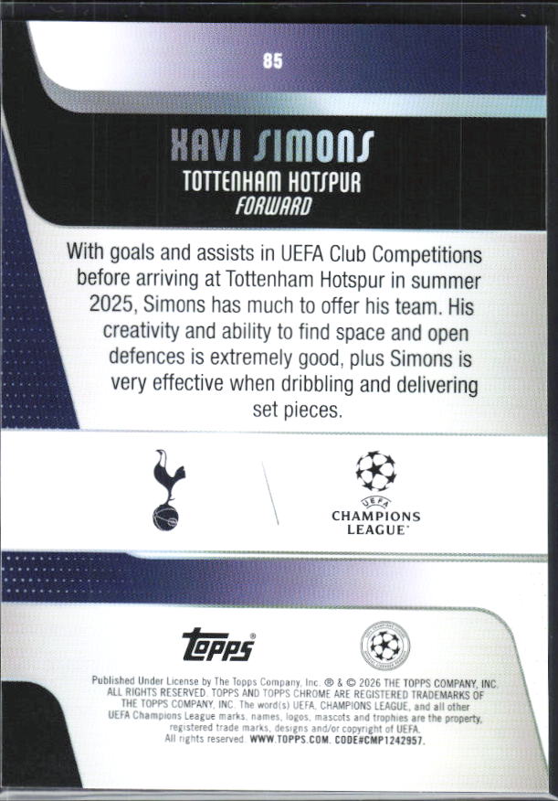 Xavi Simons – 2025-26 Topps Chrome UEFA Club Competitions #85 – baksida