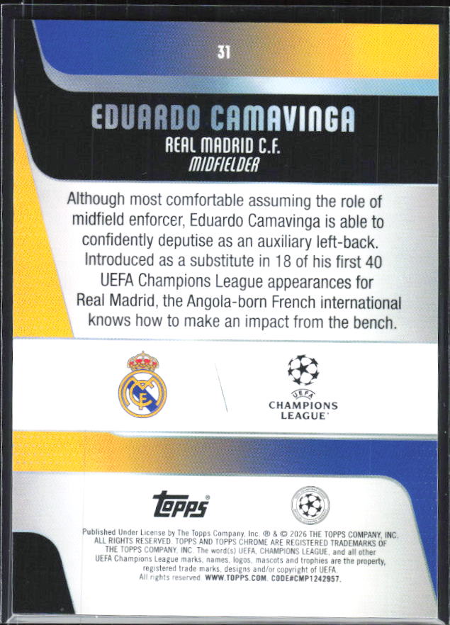 Eduardo Camavinga – 2025-26 Topps Chrome UEFA Club Competitions #31 – baksida