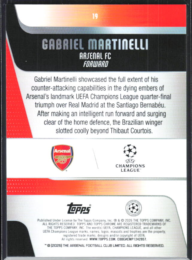 Gabriel Martinelli – 2025-26 Topps Chrome UEFA Club Competitions #19 – baksida