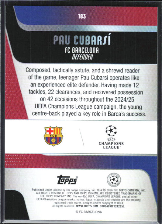 Pau Cubarsí – 2025-26 Topps Chrome UEFA Club Competitions #183 – baksida